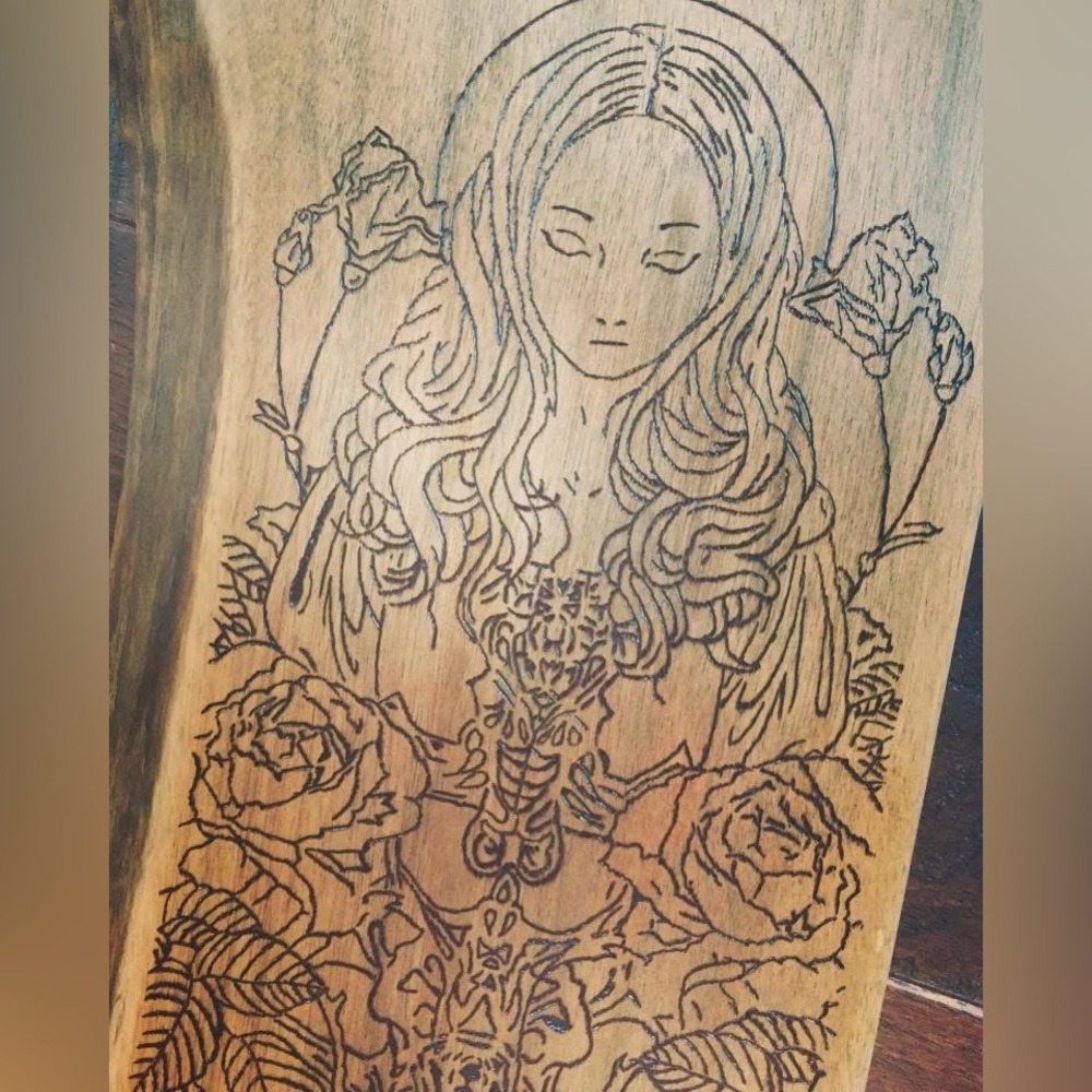 Custom wood burning, glass and metal etching AND custom bags!